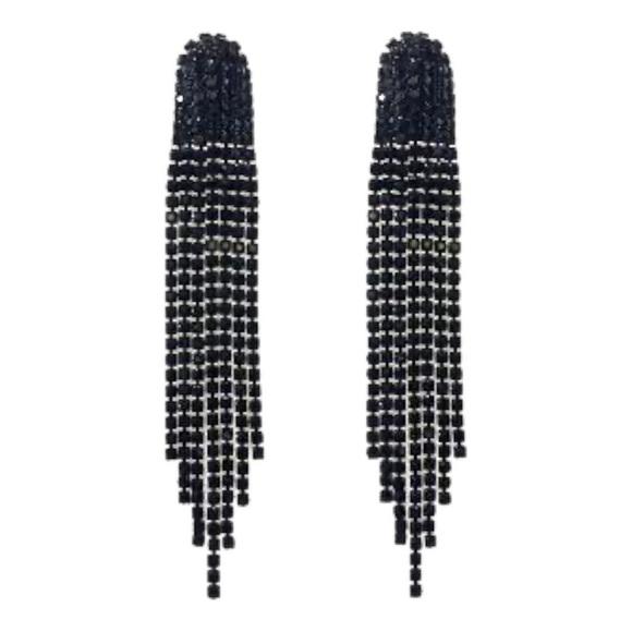 Black Earrings Tassel Dangle Rhinestone Earrings Long Fringe Bridal Prom Jewelry - Picture 1 of 1